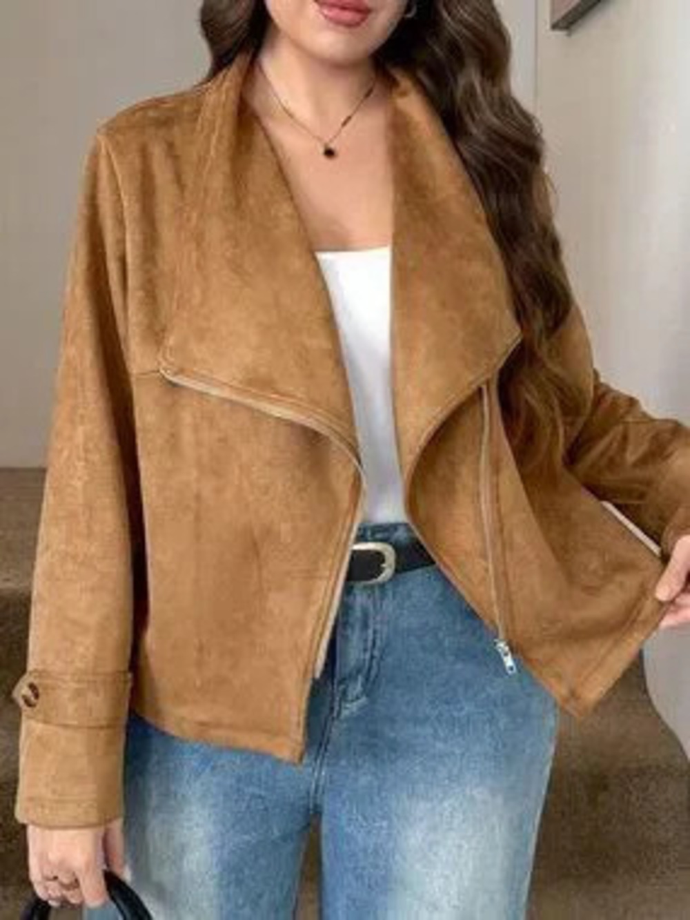 Brown Casual Women's Plus Size Zipper Long Sleeve Jacket